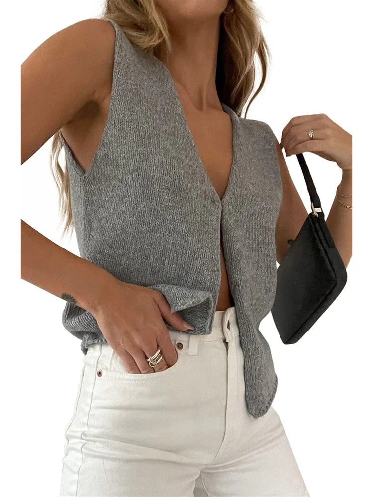 Knitted Sweaters Vest Casual Retro Sleeveless V-Neck Buttons Up Tank Summer Autumn Chic Vest  Club Crop Tops