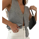 Knitted Sweaters Vest Casual Retro Sleeveless V-Neck Buttons Up Tank Summer Autumn Chic Vest  Club Crop Tops