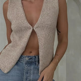 Knitted Sweaters Vest Casual Retro Sleeveless V-Neck Buttons Up Tank Summer Autumn Chic Vest  Club Crop Tops