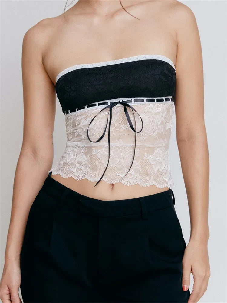 Going Out Tank Strapless Off Shoulder Lace Floral Tube Patchwork Slim Fit Party Mini Vest  Crop Tops