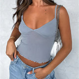 Sleeveless Strap V-neck Camis Streetwear Retro Mesh See Through Patchwork Tank Summer Slim Fit New Crop Tops