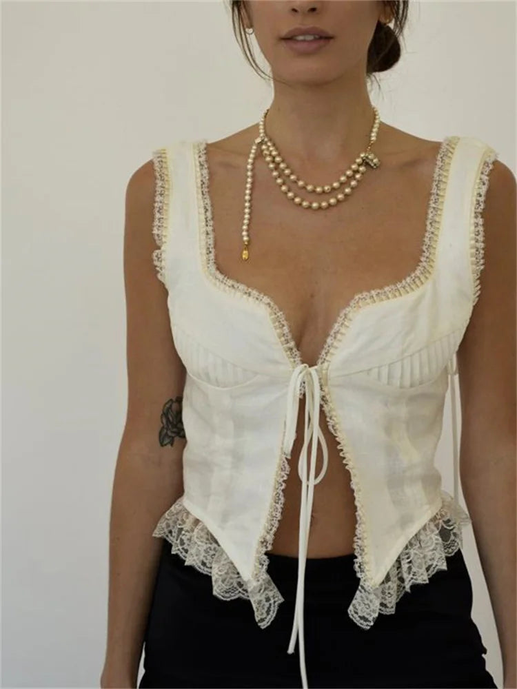 Floral Lace Patchwork Vest Top Sleeveless Low-Cut Tie-Up Chest Vintage Summer Camis Irregular Hem Tank  Crop Tops