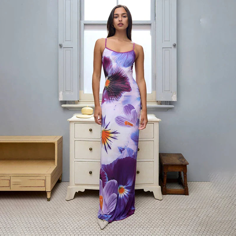 Spaghetti Backless Slim Fashion Strapless Contrast Patchwork Beach Printed Maxi Dress Women Dresses
