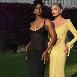 Spring Color Mesh See Through Low Cut Sexy Floor Tassel Long Sleeve Evening Maxi Dress