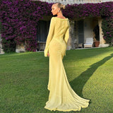 Spring Color Mesh See Through Low Cut Sexy Floor Tassel Long Sleeve Evening Maxi Dress