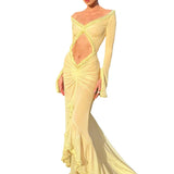 Spring Color Mesh See Through Low Cut Sexy Floor Tassel Long Sleeve Evening Maxi Dress