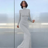 Simple High Collar Long Sleeve Basic Fishtail Prom Occasion Slim Streetwear Black Maxi Dress For Autumn