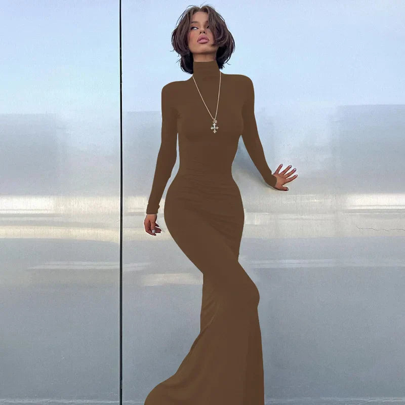 Simple High Collar Long Sleeve Basic Fishtail Prom Occasion Slim Streetwear Black Maxi Dress For Autumn