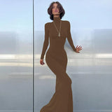 Simple High Collar Long Sleeve Basic Fishtail Prom Occasion Slim Streetwear Black Maxi Dress For Autumn