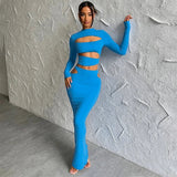 2025 Autumn Winter Party Night Club Streetwear Cut Out Crop Top Long Skirt Sets Maxi Dress