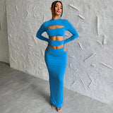 2025 Autumn Winter Party Night Club Streetwear Cut Out Crop Top Long Skirt Sets Maxi Dress
