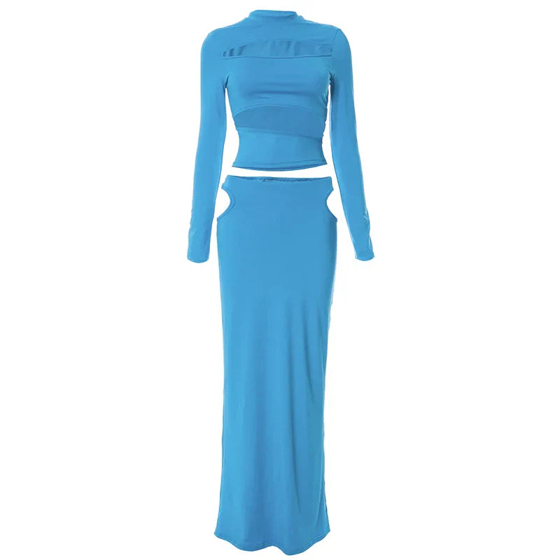 2025 Autumn Winter Party Night Club Streetwear Cut Out Crop Top Long Skirt Sets Maxi Dress