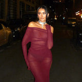 Neck Off Shoulder Mesh See Through High Slit Pullover Long Sleeve Summer Beach Maxi Dress Women Clothes