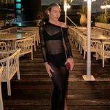 Neck Off Shoulder Mesh See Through High Slit Pullover Long Sleeve Summer Beach Maxi Dress Women Clothes