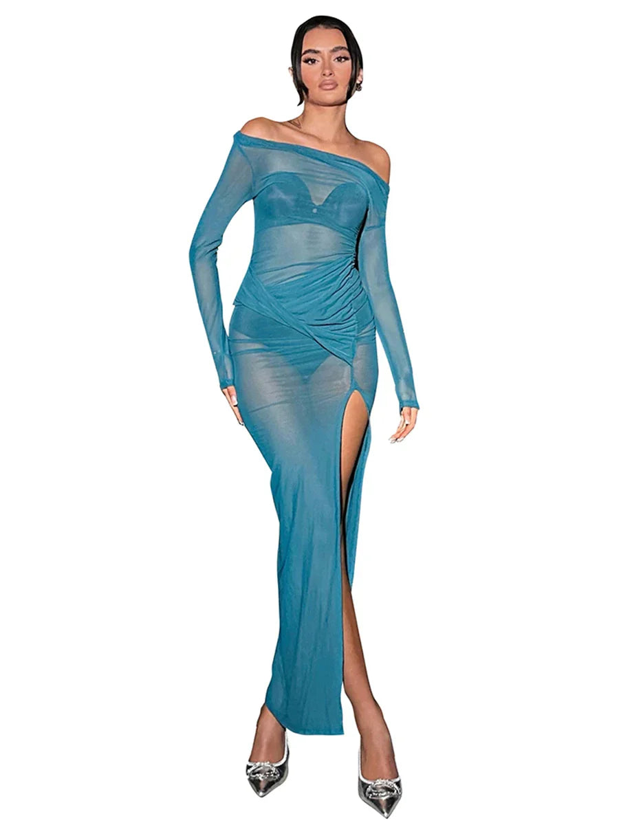Neck Off Shoulder Mesh See Through High Slit Pullover Long Sleeve Summer Beach Maxi Dress Women Clothes