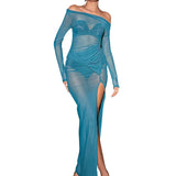Neck Off Shoulder Mesh See Through High Slit Pullover Long Sleeve Summer Beach Maxi Dress Women Clothes