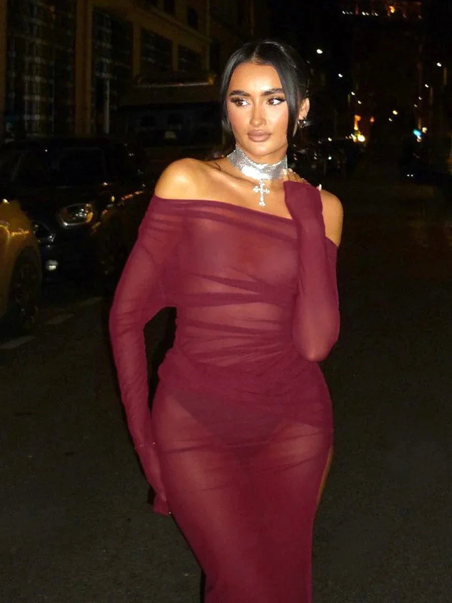 Neck Off Shoulder Mesh See Through High Slit Pullover Long Sleeve Summer Beach Maxi Dress Women Clothes