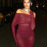 Neck Off Shoulder Mesh See Through High Slit Pullover Long Sleeve Summer Beach Maxi Dress Women Clothes