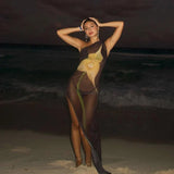 One Shoulder Printed See Through Mesh 2025 Summer High Slit Slim Beach Holiday Sexy Maxi Dress