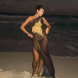 One Shoulder Printed See Through Mesh 2025 Summer High Slit Slim Beach Holiday Sexy Maxi Dress