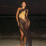 One Shoulder Printed See Through Mesh 2025 Summer High Slit Slim Beach Holiday Sexy Maxi Dress