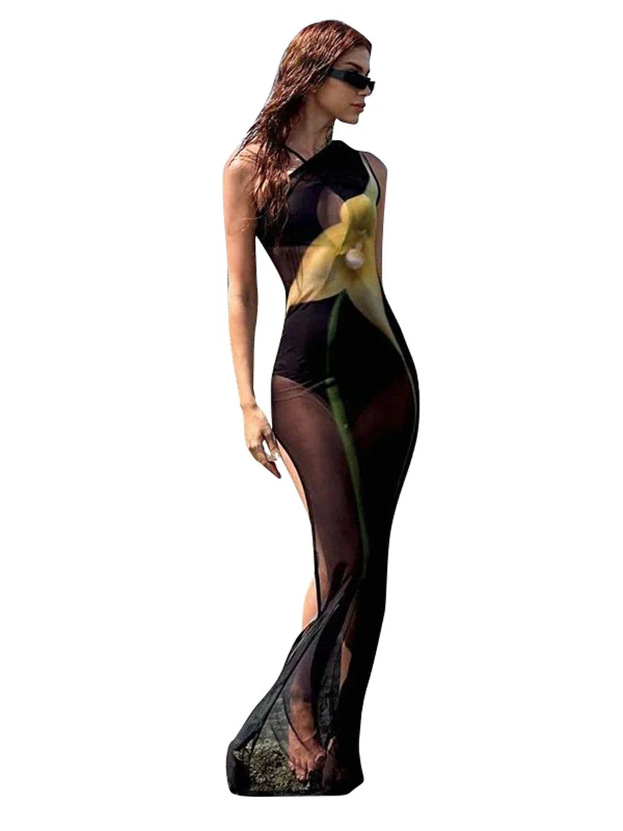 One Shoulder Printed See Through Mesh 2025 Summer High Slit Slim Beach Holiday Sexy Maxi Dress