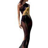 One Shoulder Printed See Through Mesh 2025 Summer High Slit Slim Beach Holiday Sexy Maxi Dress