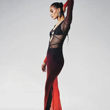 New Fashion Gradient Mesh Deep Collar Hollow Long Sleeve Transparent Sexy Split Charming Women's Maxi Dresses