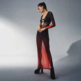 New Fashion Gradient Mesh Deep Collar Hollow Long Sleeve Transparent Sexy Split Charming Women's Maxi Dresses