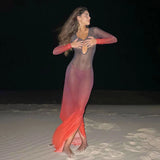 New Fashion Gradient Mesh Deep Collar Hollow Long Sleeve Transparent Sexy Split Charming Women's Maxi Dresses