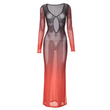 New Fashion Gradient Mesh Deep Collar Hollow Long Sleeve Transparent Sexy Split Charming Women's Maxi Dresses