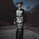 Gothic Skull Bones Skeleton Print O Neck Long Sleeve Split Casual Autumn Streetwear Maxi Dress