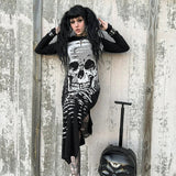 Gothic Skull Bones Skeleton Print O Neck Long Sleeve Split Casual Autumn Streetwear Maxi Dress