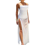 Mesh Spaghetti Straps Bodycon Strapless Backless Bandage Ruched High Slit Slim Club Party Beach Women's Maxi Dress
