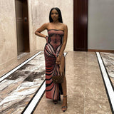 Butterfly Oil Painting Wrap Strapless High Split Prom Casual Gowns Women Dresses