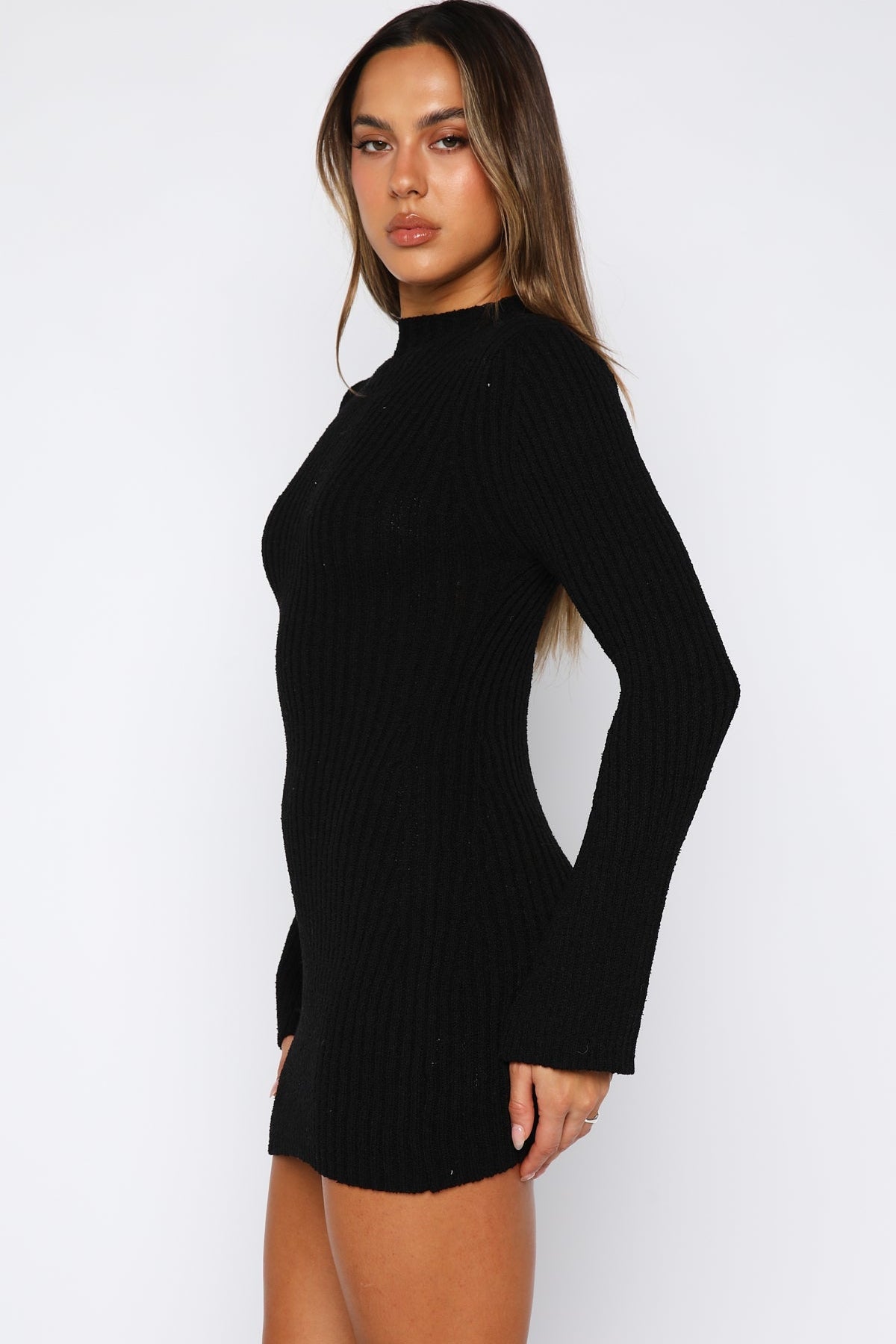 Get On Down Long Sleeve Knit Mini Dress Black