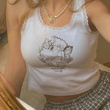 Cartoon Printed Lace Trim White Fairy Grunge Summer Clothes Cute Ribbed Tank Crop Tops