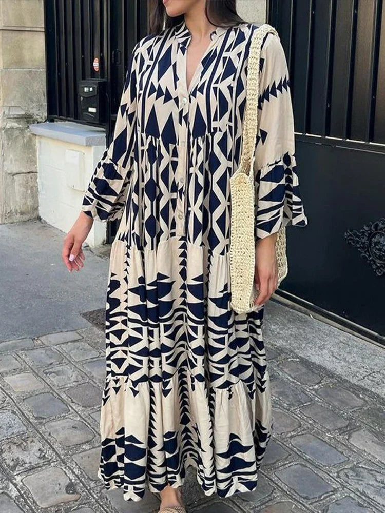 Vintage Print Sleeve Pleated Boho Dress