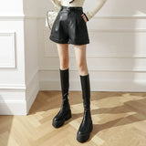 New Autumn Winter High Waist Black Leather Female Boots Women 2025 Shorts