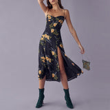 Neck Sleeveless Print Chiffon Midi Dress Strap Side High Slit Sexy Dress