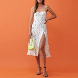 Neck Sleeveless Print Chiffon Midi Dress Strap Side High Slit Sexy Dress