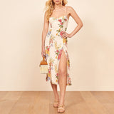 Neck Sleeveless Print Chiffon Midi Dress Strap Side High Slit Sexy Dress