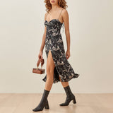 Neck Sleeveless Print Chiffon Midi Dress Strap Side High Slit Sexy Dress