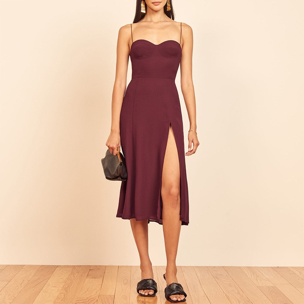 Neck Sleeveless Print Chiffon Midi Dress Strap Side High Slit Sexy Dress