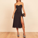Neck Sleeveless Print Chiffon Midi Dress Strap Side High Slit Sexy Dress