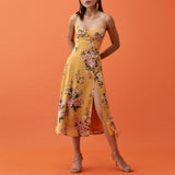 Neck Sleeveless Print Chiffon Midi Dress Strap Side High Slit Sexy Dress