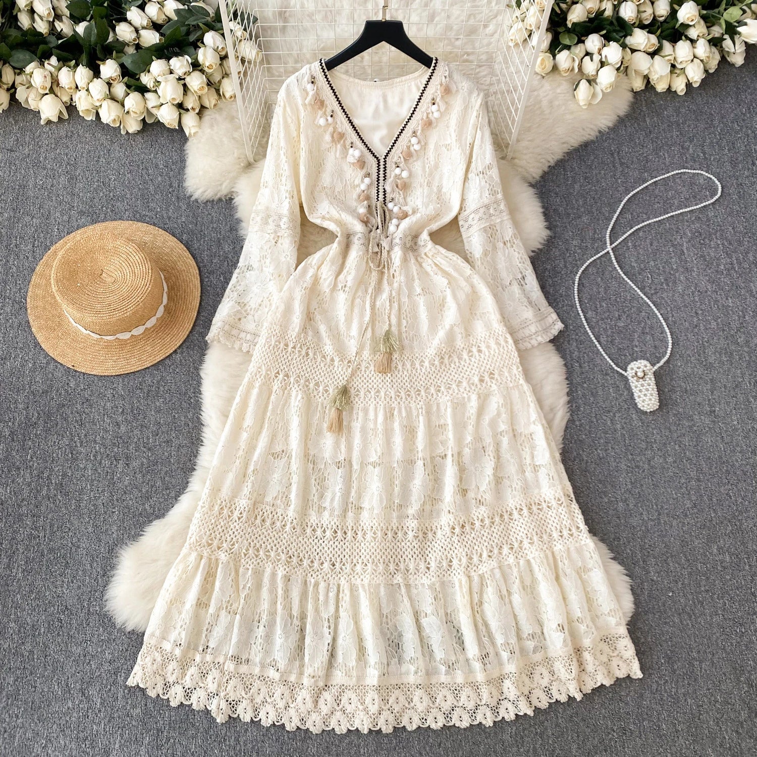 Casual  V-neck  Flare Sleeve  Floral Lace  Vintage  Tassel  Long  Maxi  Summer Boho Dress