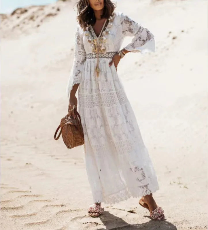 Casual  V-neck  Flare Sleeve  Floral Lace  Vintage  Tassel  Long  Maxi  Summer Boho Dress