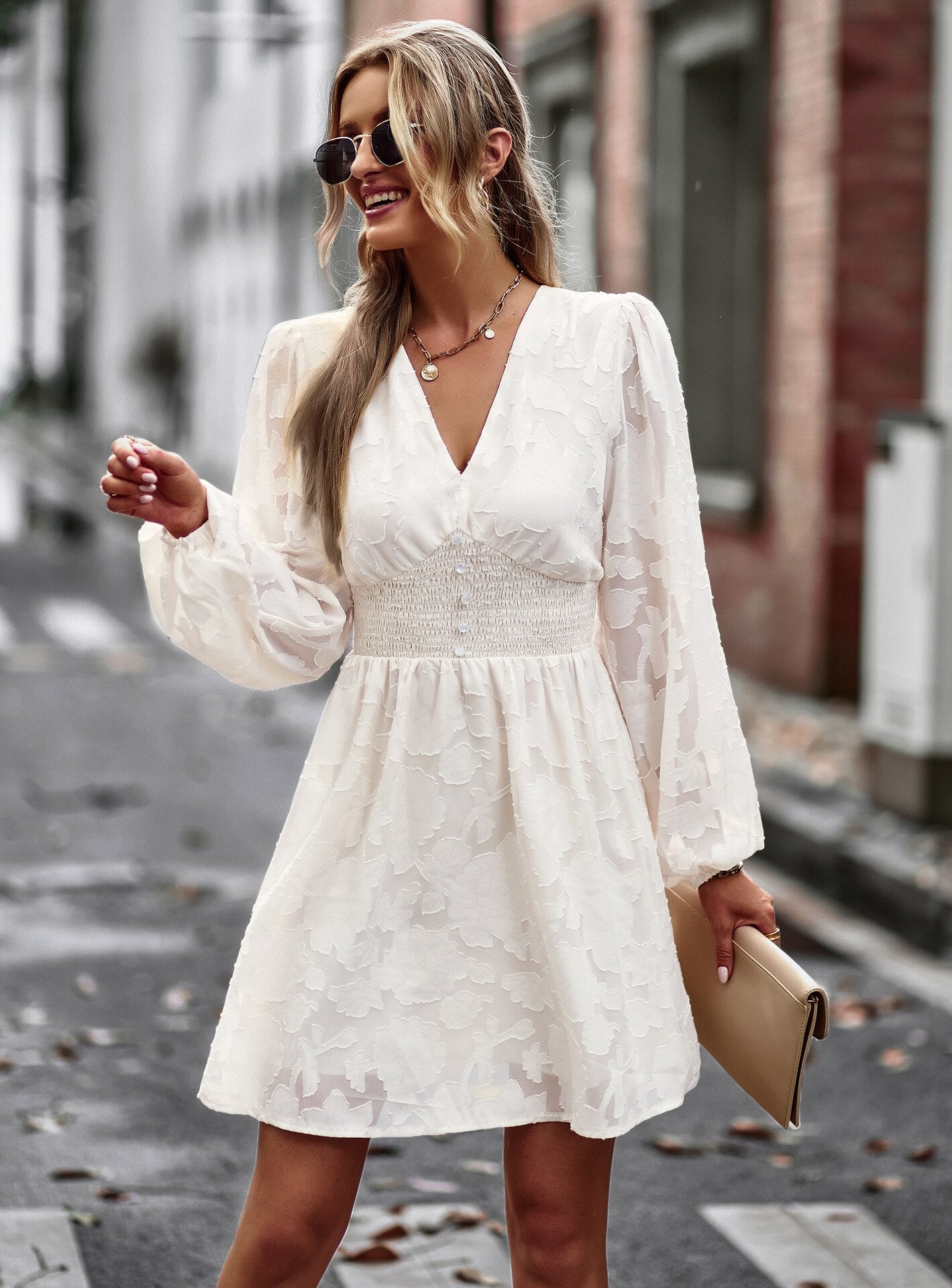 Chic Hook Flower Hollow Button Full Sleeve Mini Dress