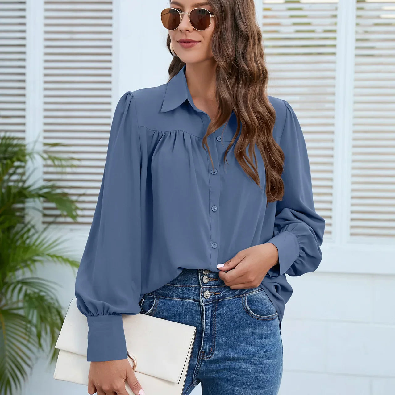 Chiffon Fashion Ruched Long Sleeve Turn Down Collar Office Lady Elegant White Loose Top Blouse